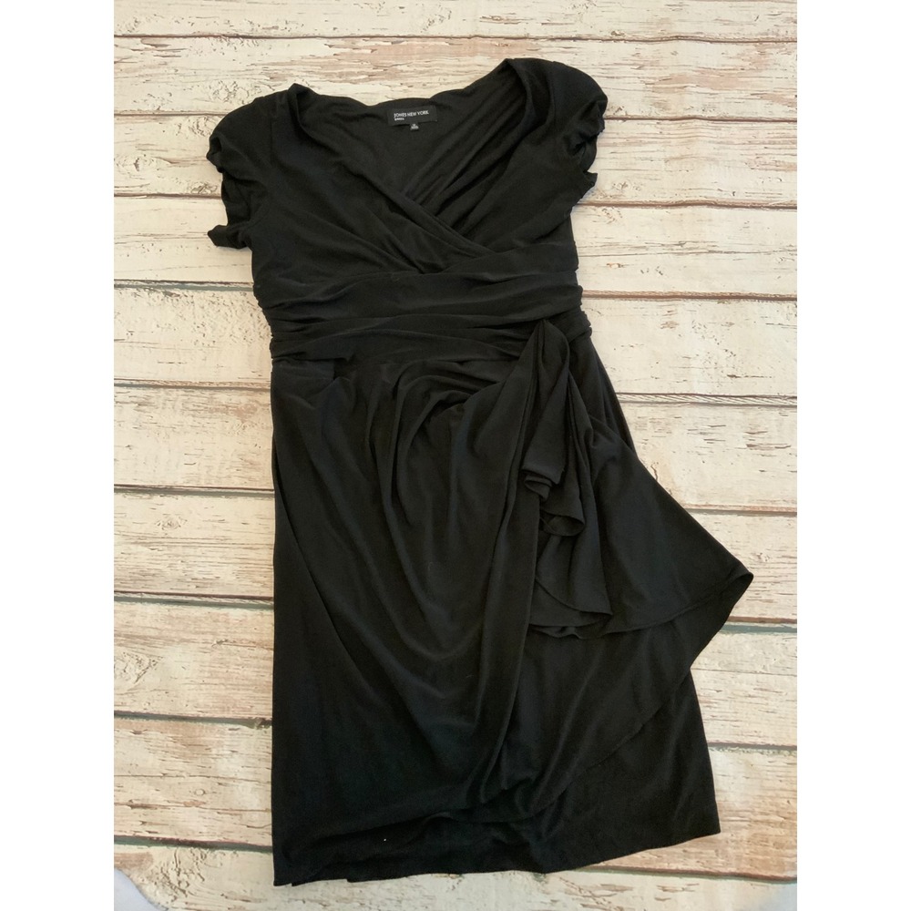 Jones New York Dress Womens 12 Black Faux Wrap Draped Shoulder Pad Y2K Cocktail